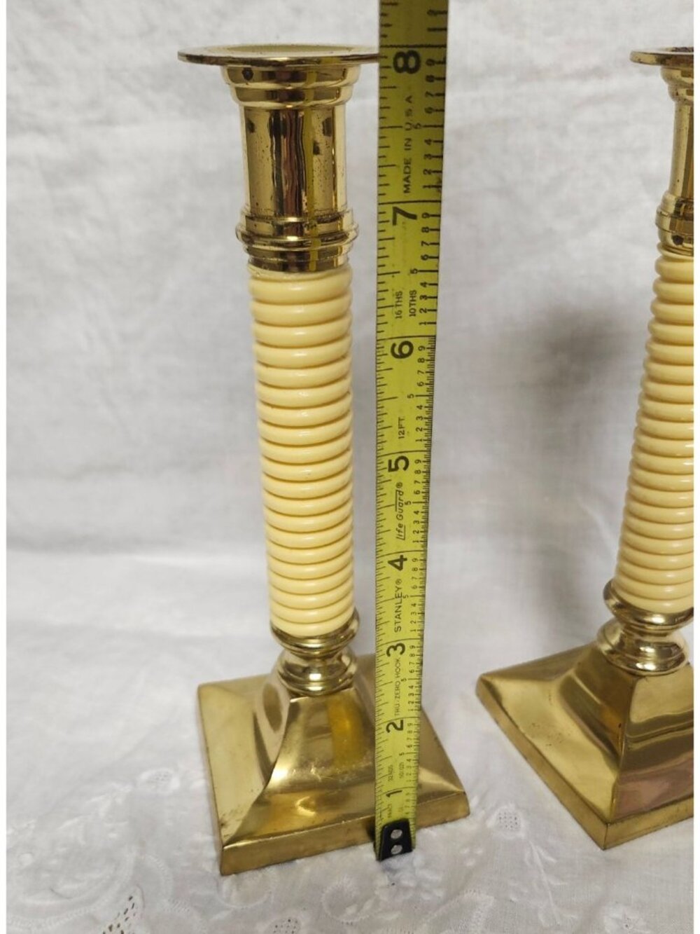 Vintage MCM Brass & Celluloid Candlestick Holders 8" Tall Elegant Design - Picture 5 of 8